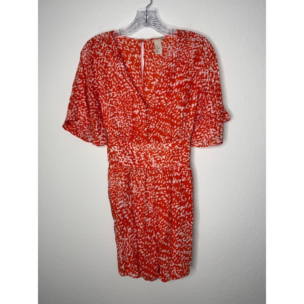 H&M Orange White Abstract Print Romper V-Neck Flutter Sleeve Pockets Size 6